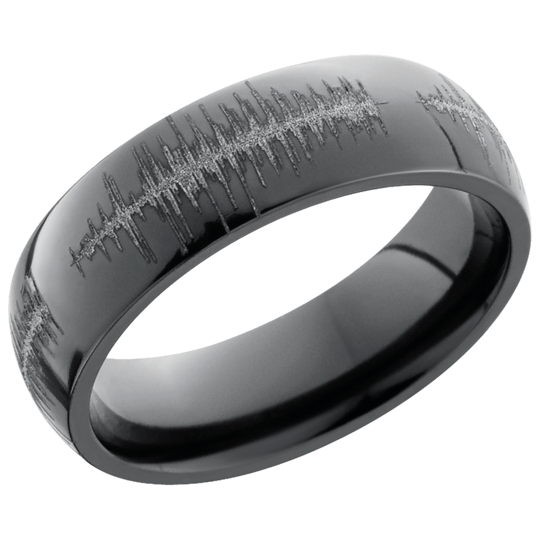 Zirconium 6mm domed band with a laser-carved soundwave