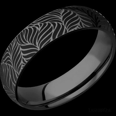 6 mm wide/Domed/Zirconium band with a laser carved Twisted Leaf pattern.