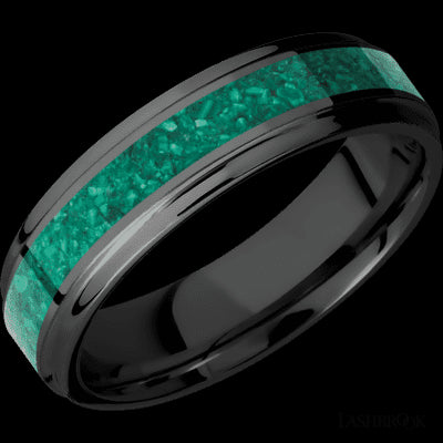 6 mm wide/Flat Grooved Edges/Zirconium band with one 3 mm Centered inlay of Malachite.