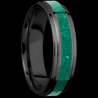 6 mm wide/Flat Grooved Edges/Zirconium band with one 3 mm Centered inlay of Malachite.