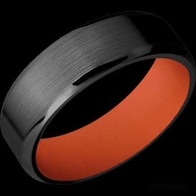 7 mm wide Beveled Zirconium band featuring a Hunter Orange sleeve.