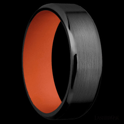 7 mm wide Beveled Zirconium band featuring a Hunter Orange sleeve.