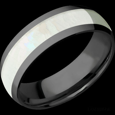 7 mm wide/Domed/Zirconium band with one 4 mm Centered inlay of Freshwater Mother of Pearl.