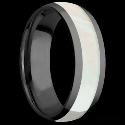 7 mm wide/Domed/Zirconium band with one 4 mm Centered inlay of Freshwater Mother of Pearl.