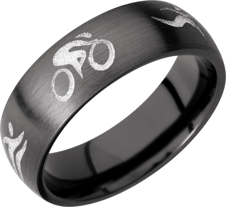 Zirconium 7mm domed band with a laser-carved triathlon pattern