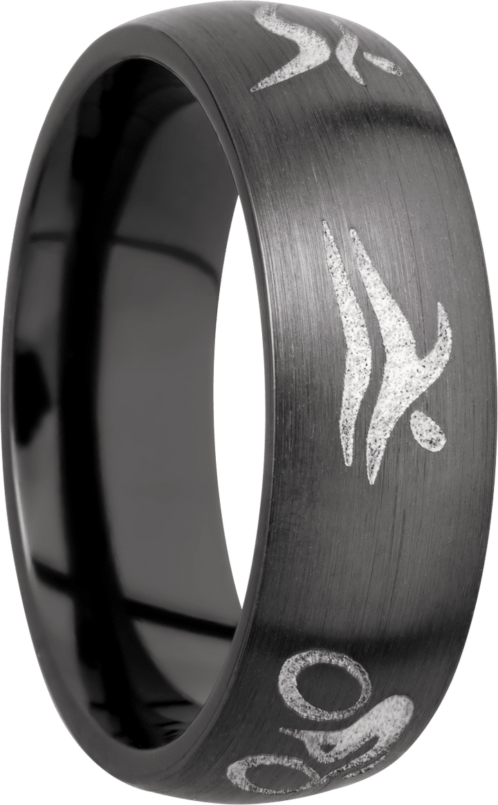 Zirconium 7mm domed band with a laser-carved triathlon pattern