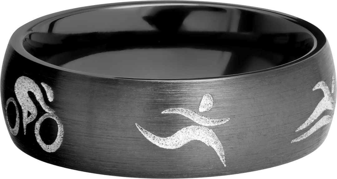 Zirconium 7mm domed band with a laser-carved triathlon pattern