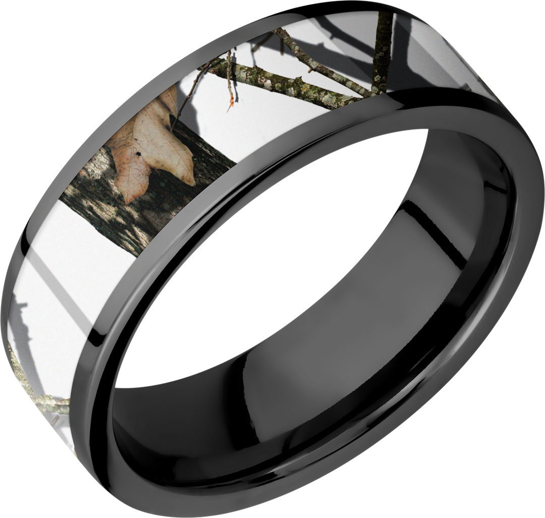 Cobalt chrome 7mm flat band with a 5mm inlay of Mossy Oak Winter Break Up Camo