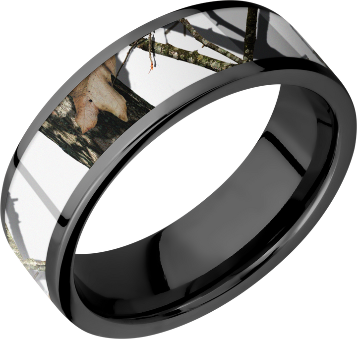 Cobalt chrome 7mm flat band with a 5mm inlay of Mossy Oak Winter Break Up Camo