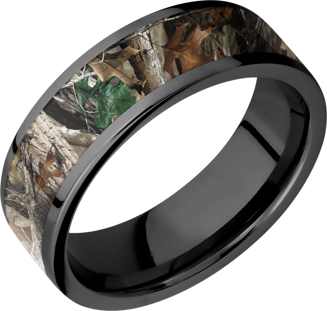 Zirconium 6mm flat band with a 5mm inlay of Realtree Timber Camo