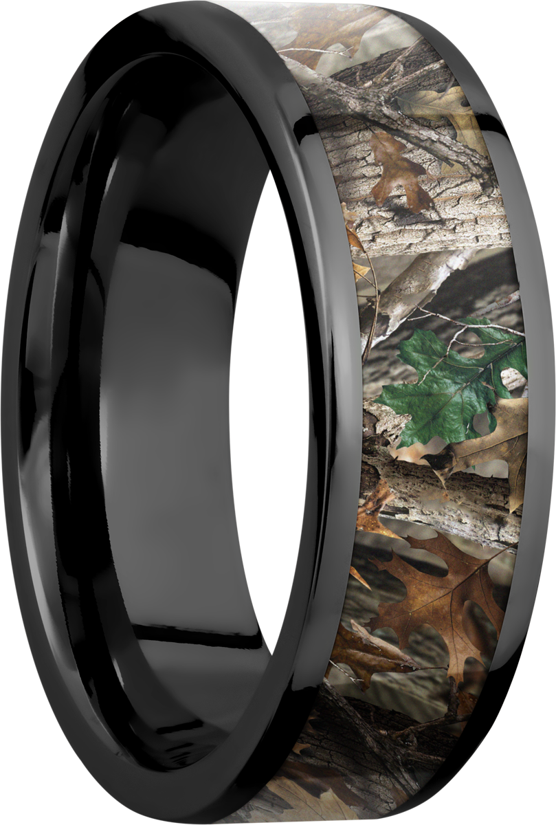 Zirconium 6mm flat band with a 5mm inlay of Realtree Timber Camo