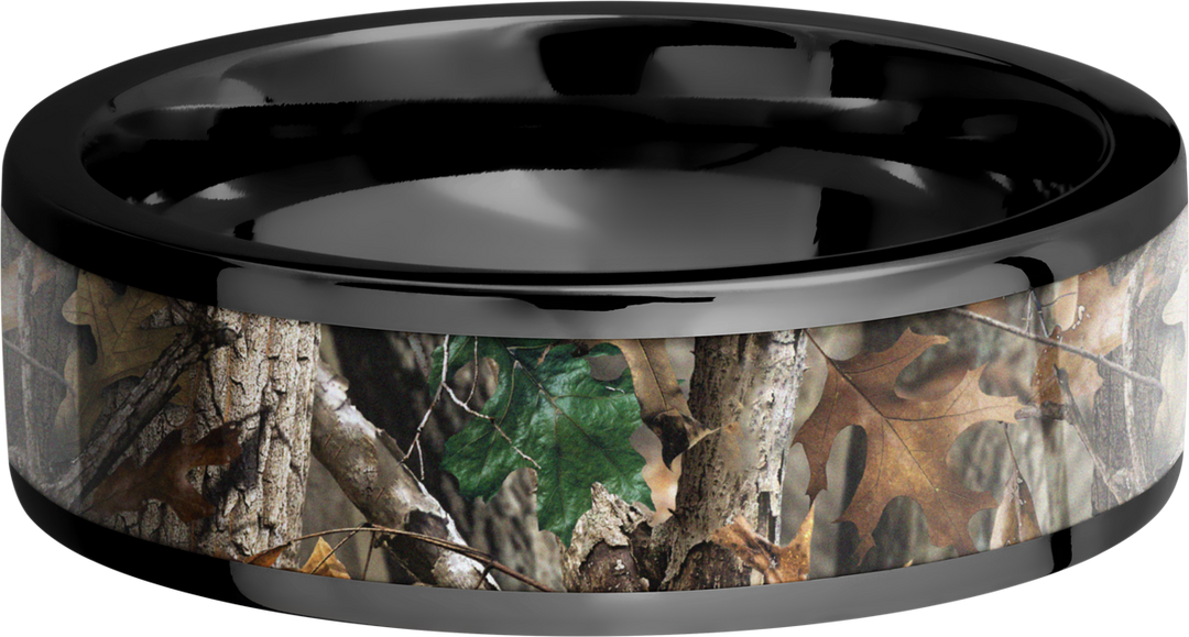 Zirconium 6mm flat band with a 5mm inlay of Realtree Timber Camo