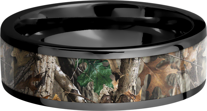 Zirconium 6mm flat band with a 5mm inlay of Realtree Timber Camo