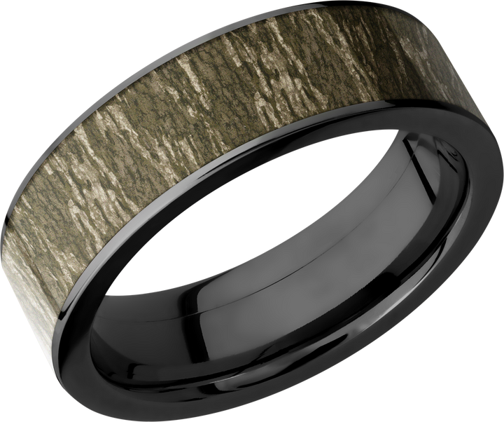 Cobalt chrome 7mm flat band with a 6mm inlay of Mossy Oak Bottomland Camo