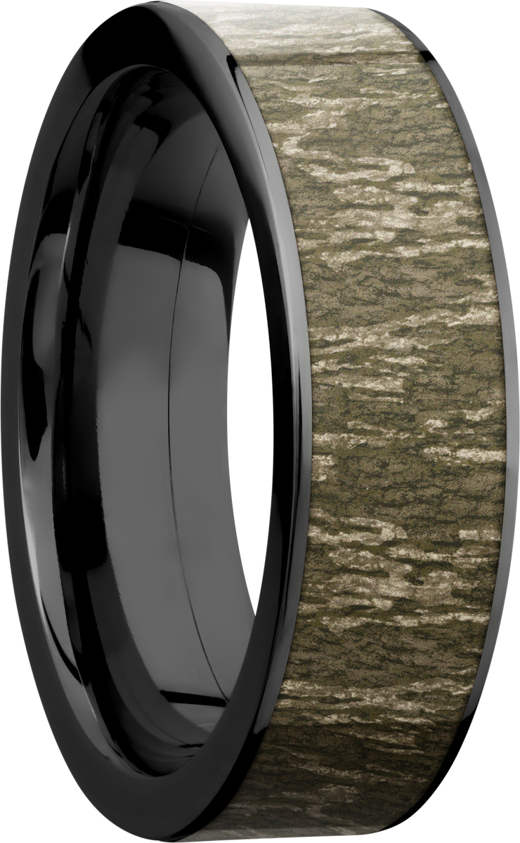 Cobalt chrome 7mm flat band with a 6mm inlay of Mossy Oak Bottomland Camo