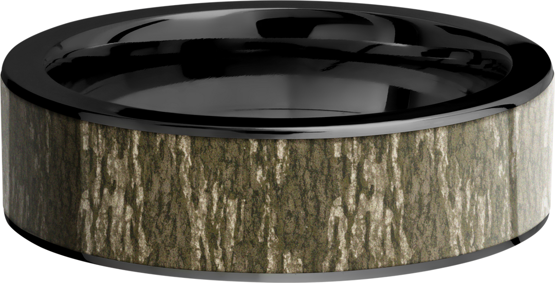 Cobalt chrome 7mm flat band with a 6mm inlay of Mossy Oak Bottomland Camo