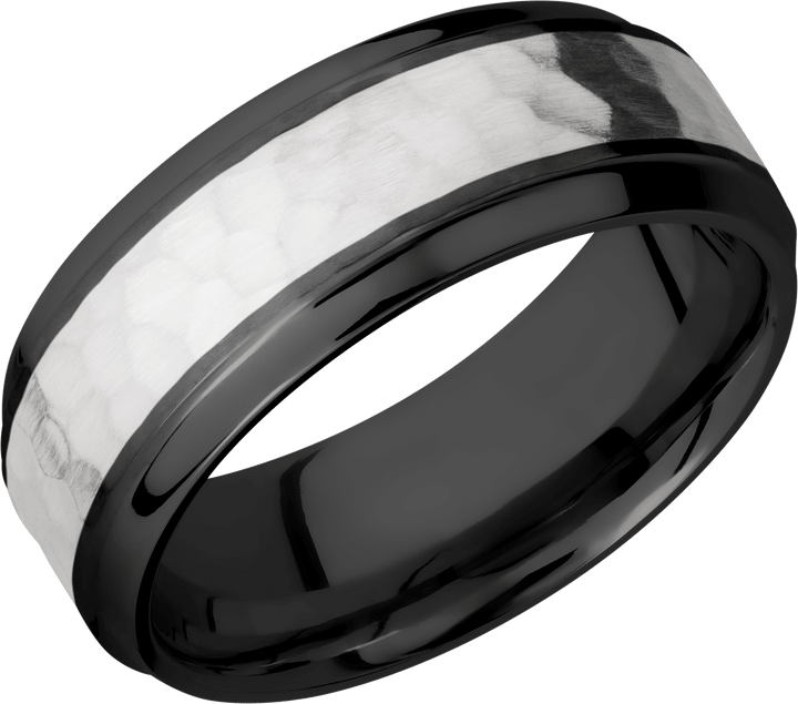 Zirconium 8mm beveled band with an inlay of sterling silver