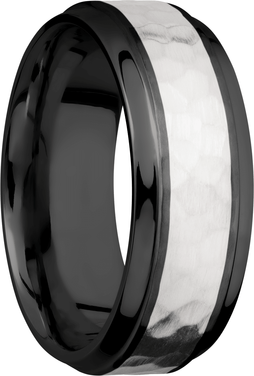 Zirconium 8mm beveled band with an inlay of sterling silver