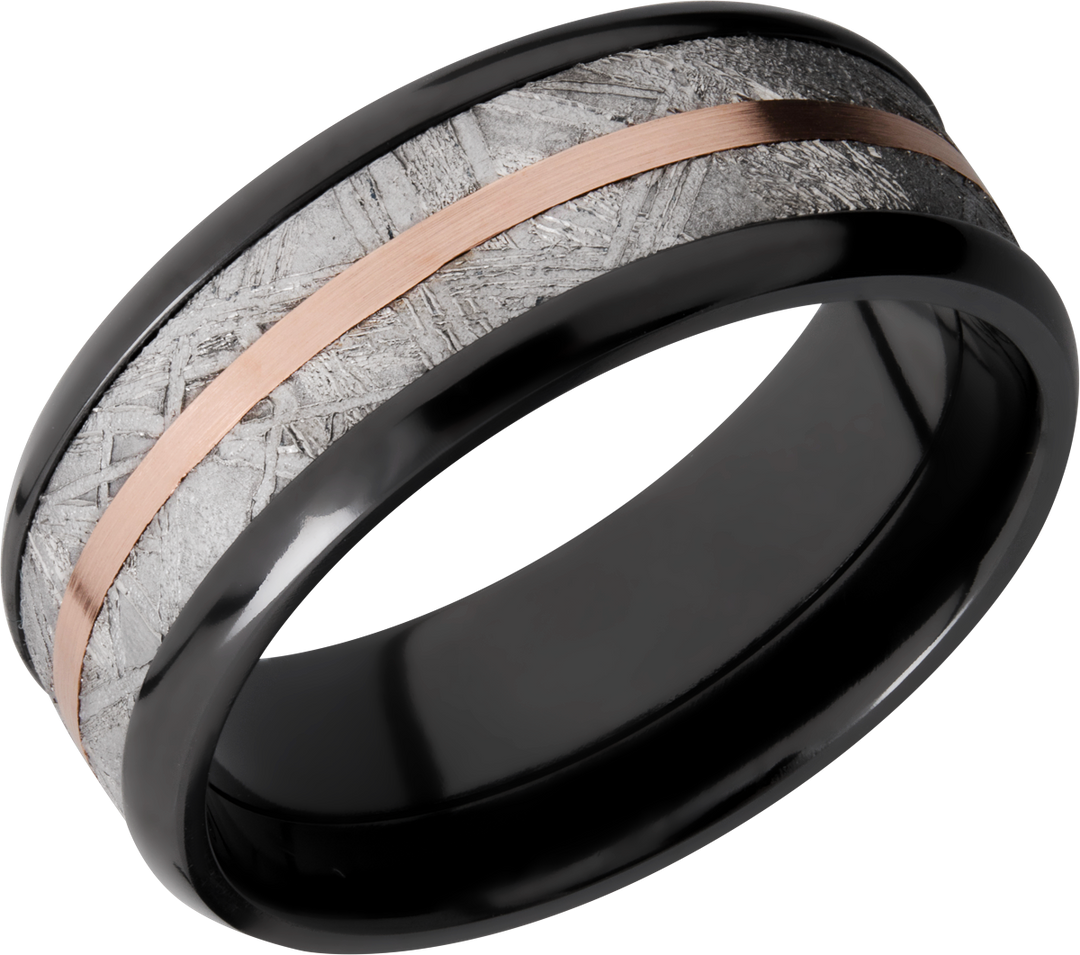 Zirconium 8mm beveled band with an inlay of authentic Gibeon Meteorite and a 14K rose gold inlay