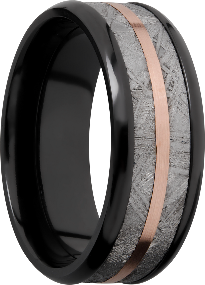 Zirconium 8mm beveled band with an inlay of authentic Gibeon Meteorite and a 14K rose gold inlay