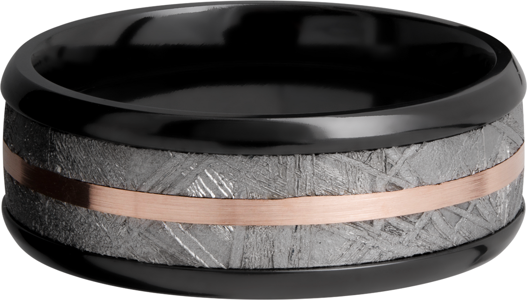 Zirconium 8mm beveled band with an inlay of authentic Gibeon Meteorite and a 14K rose gold inlay