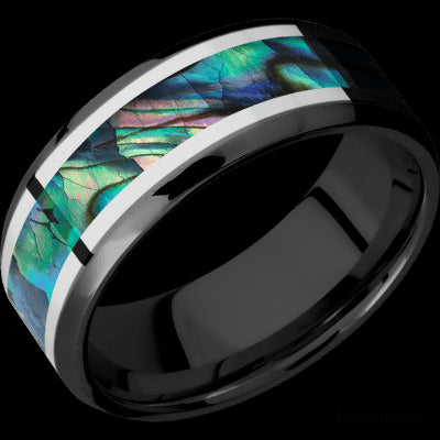 8 mm wide/Beveled/Zirconium band featuring inlays of Palladium Silver and Abalone.