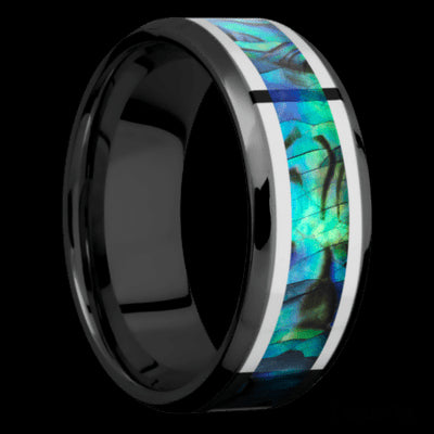 8 mm wide/Beveled/Zirconium band featuring inlays of Palladium Silver and Abalone.