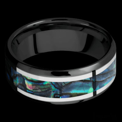 8 mm wide/Beveled/Zirconium band featuring inlays of Palladium Silver and Abalone.