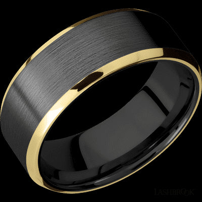 8 mm wide/Beveled/Zirconium band with two 1 mm Edge inlays of 14K Yellow Gold.