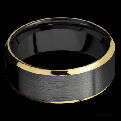 8 mm wide/Beveled/Zirconium band with two 1 mm Edge inlays of 14K Yellow Gold.