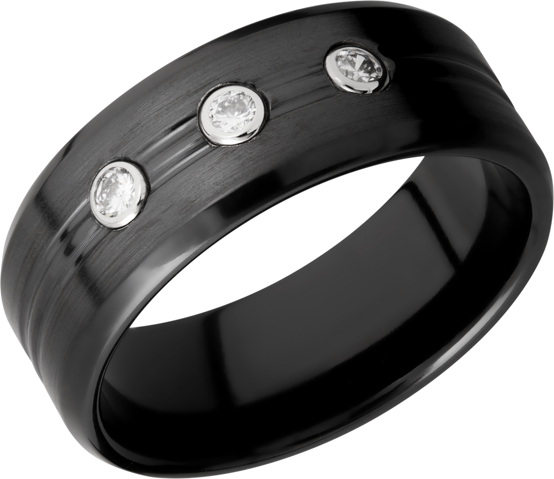 Zirconium 8mm beveled band with 3, .05ct bezel-set diamonds