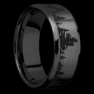 8 mm wide/Beveled/Zirconium band with a laser carved Trees pattern.