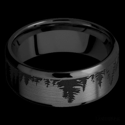 8 mm wide/Beveled/Zirconium band with a laser carved Trees pattern.