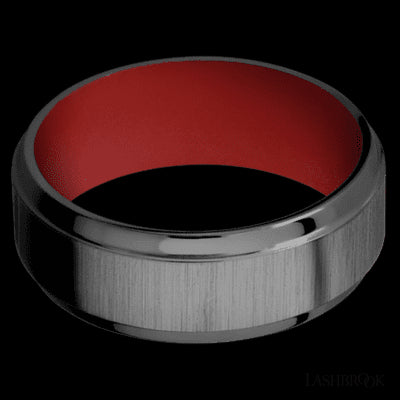 8 mm wide Stepped Bevel Zirconium band featuring a USMC Red sleeve.