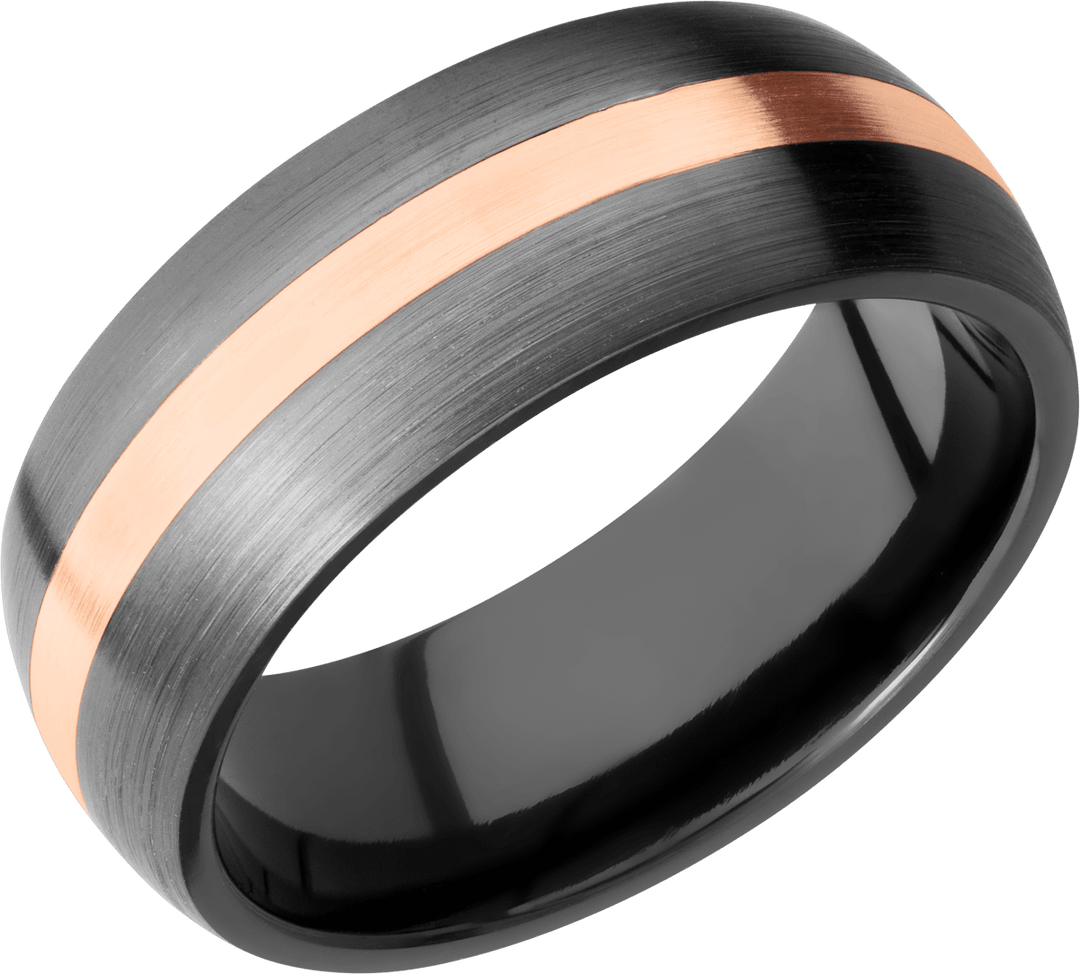 Zirconium 8mm domed band with an inlay of 14K rose gold