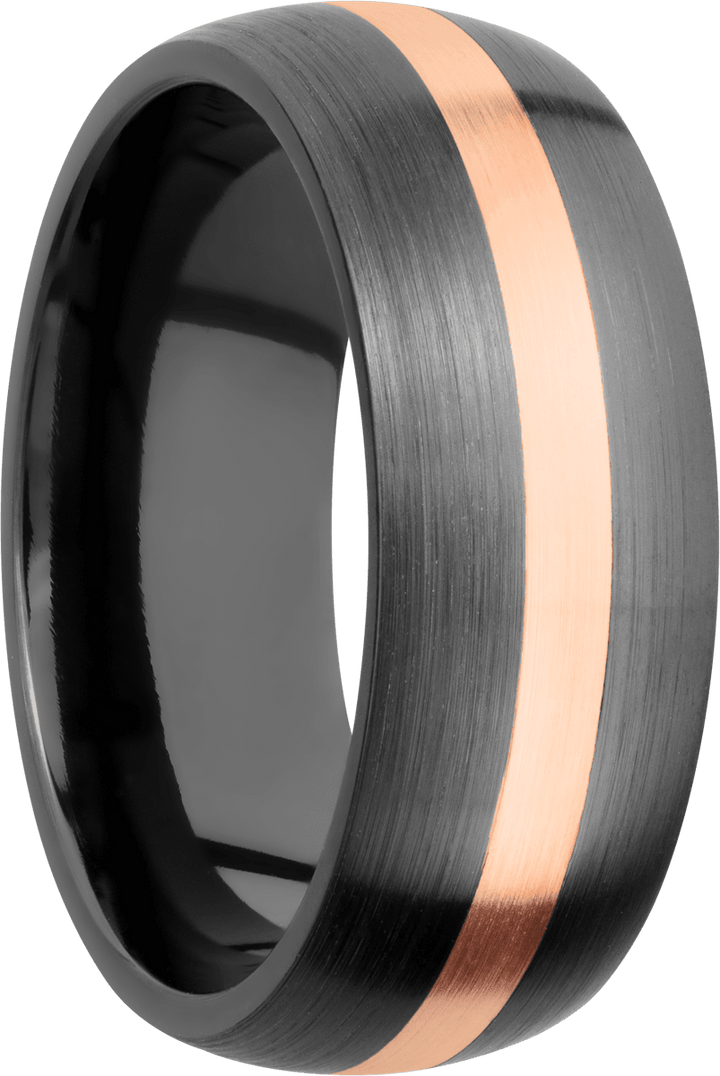 Zirconium 8mm domed band with an inlay of 14K rose gold