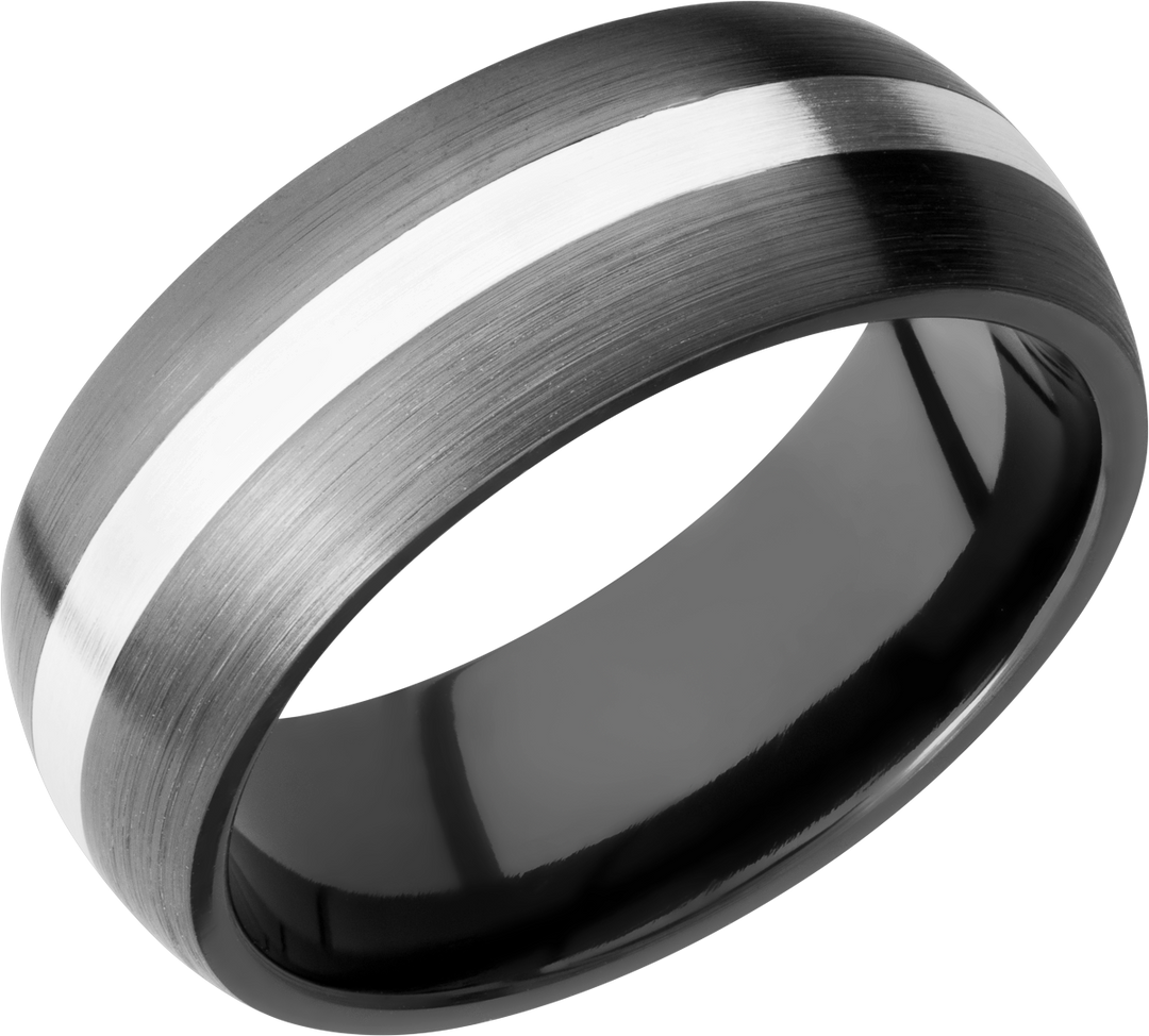 Zirconium 8mm domed band with an inlay of sterling silver