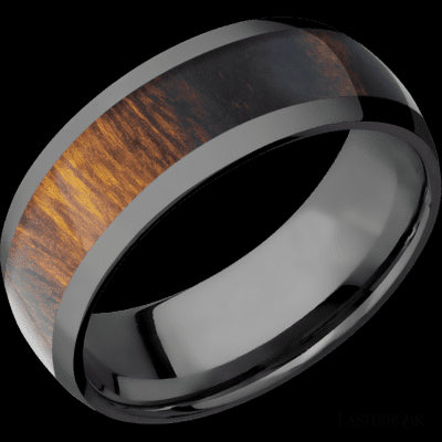 8 mm wide/Domed/Zirconium band with one 5 mm Centered inlay of Desert Iron Wood.