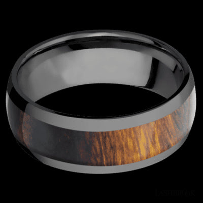 8 mm wide/Domed/Zirconium band with one 5 mm Centered inlay of Desert Iron Wood.