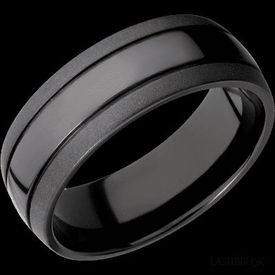 8 mm wide Domed with two accent grooves Zirconium band.