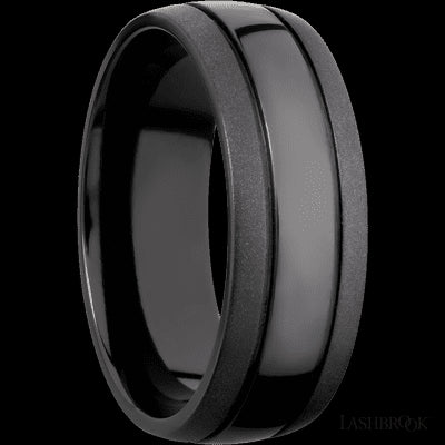 8 mm wide Domed with two accent grooves Zirconium band.