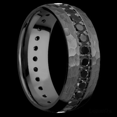 8 mm wide/Domed/Zirconium band with an Eternity arrangement of .05 carat Round Black Diamond stones in a Bead setting.