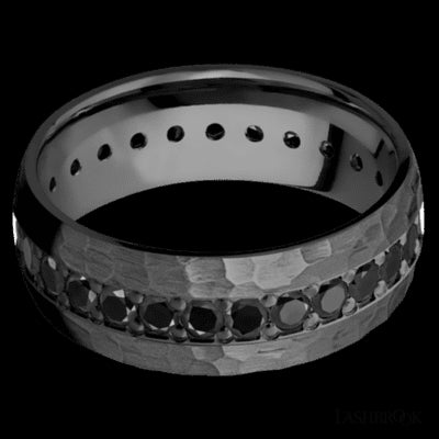 8 mm wide/Domed/Zirconium band with an Eternity arrangement of .05 carat Round Black Diamond stones in a Bead setting.