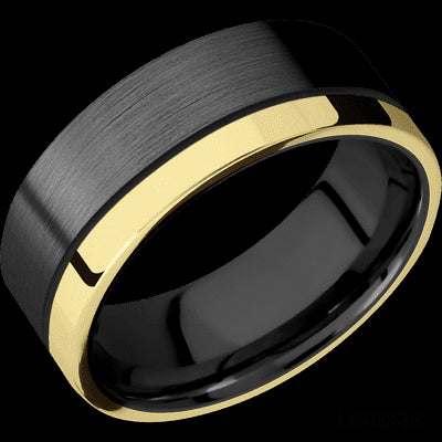 8 mm wide/Flat/Zirconium band with one 2 mm Off Center Edge inlay of 14K Yellow Gold.