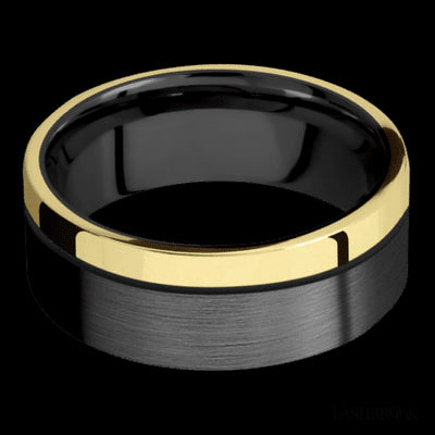 8 mm wide/Flat/Zirconium band with one 2 mm Off Center Edge inlay of 14K Yellow Gold.