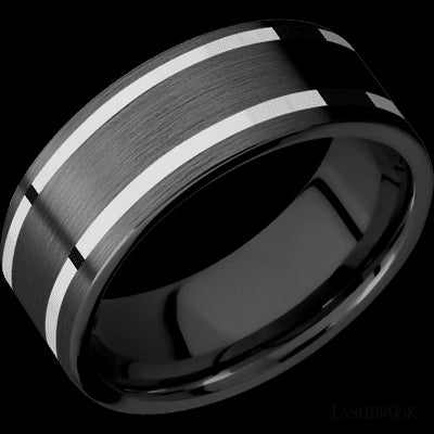 8 mm wide/Flat/Zirconium band with two 1 mm Wide inlays of 14K White Gold.