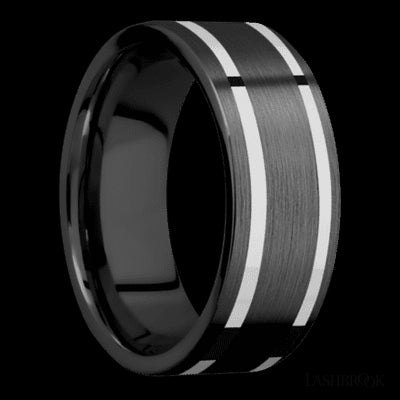 8 mm wide/Flat/Zirconium band with two 1 mm Wide inlays of 14K White Gold.