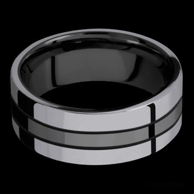 8 mm wide/Flat/Zirconium band with two 3 mm Double Off Center Edge inlays of Tantalum.