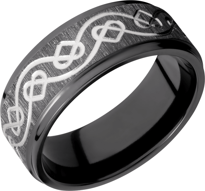 Zirconium 8mm flat band with a laser-carved celtic heart pattern