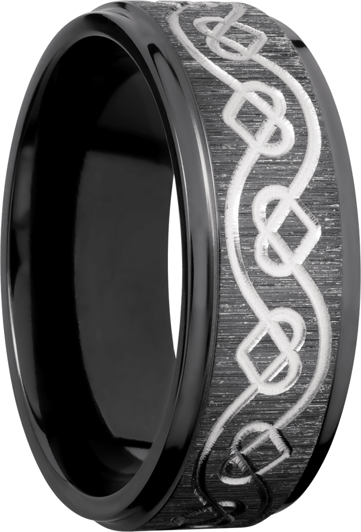 Zirconium 8mm flat band with a laser-carved celtic heart pattern